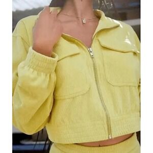 Aerie Womens Green/Yellow Groove On Velour Full Zip Crop Jacket Size XS